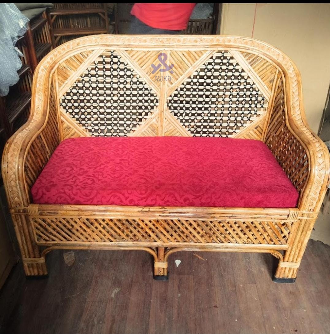 Bamboo Cane Two Seater Sofa for Home, Living room, Cane Sofa Cum Couch with Cushion for Living Room(2 seater)