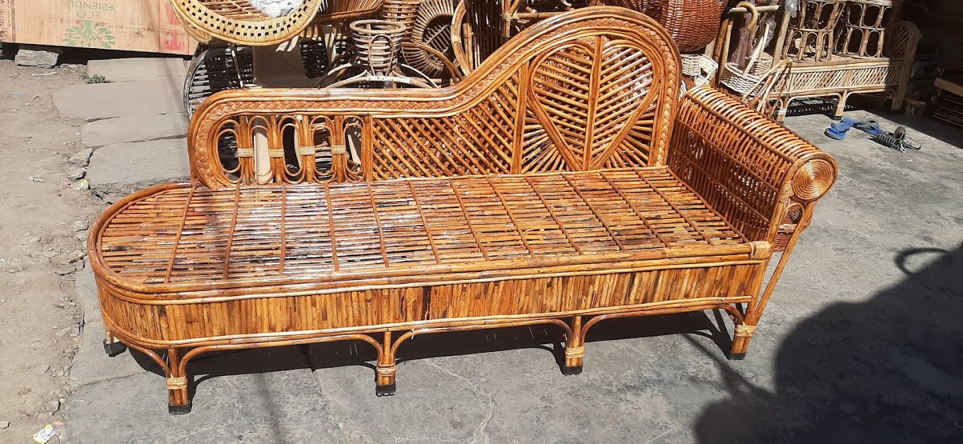 Cane Sofa Couch, Diwan, Settee, Sofa cum Bed with Cushion (3-Seater) - HEART
