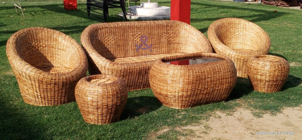 Cane Sofa Set with Table+2 side table for Home, Living Room, Office, Garden, Resort with Cushion