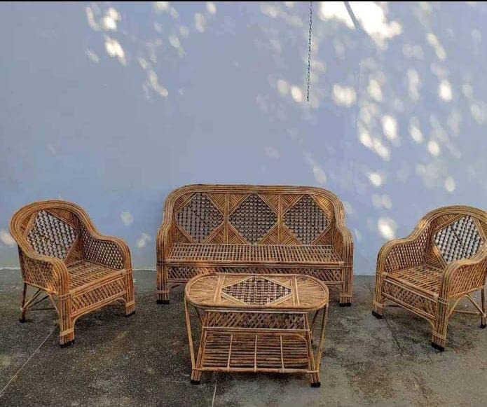 Cane Bamboo Sofa Set with Table for Home, Living Room, Office, Garden, Resort with Cushion(patang)