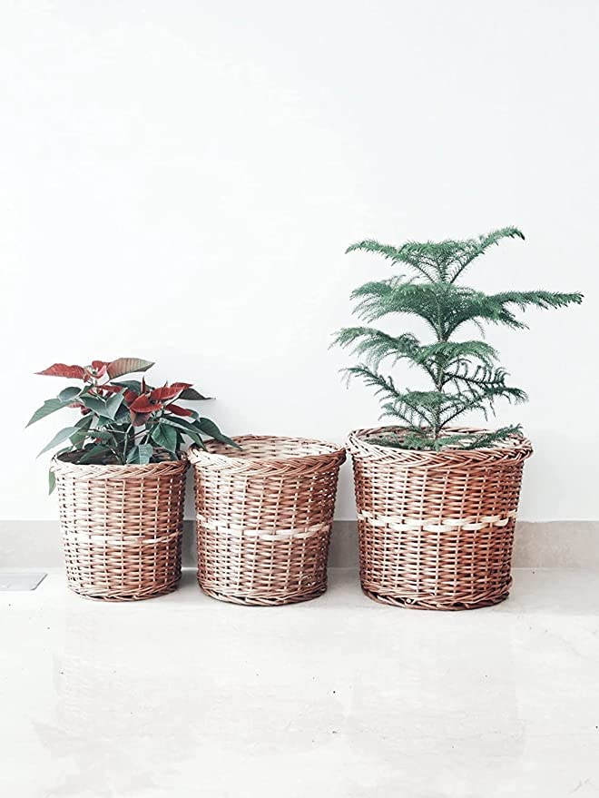 Bamboo Wicker Planter Stand for Home, Terrace,Living Room, Balcony, Indoor, Outdoor Garden,Storage Basket Flower Pot (Pack of 3)