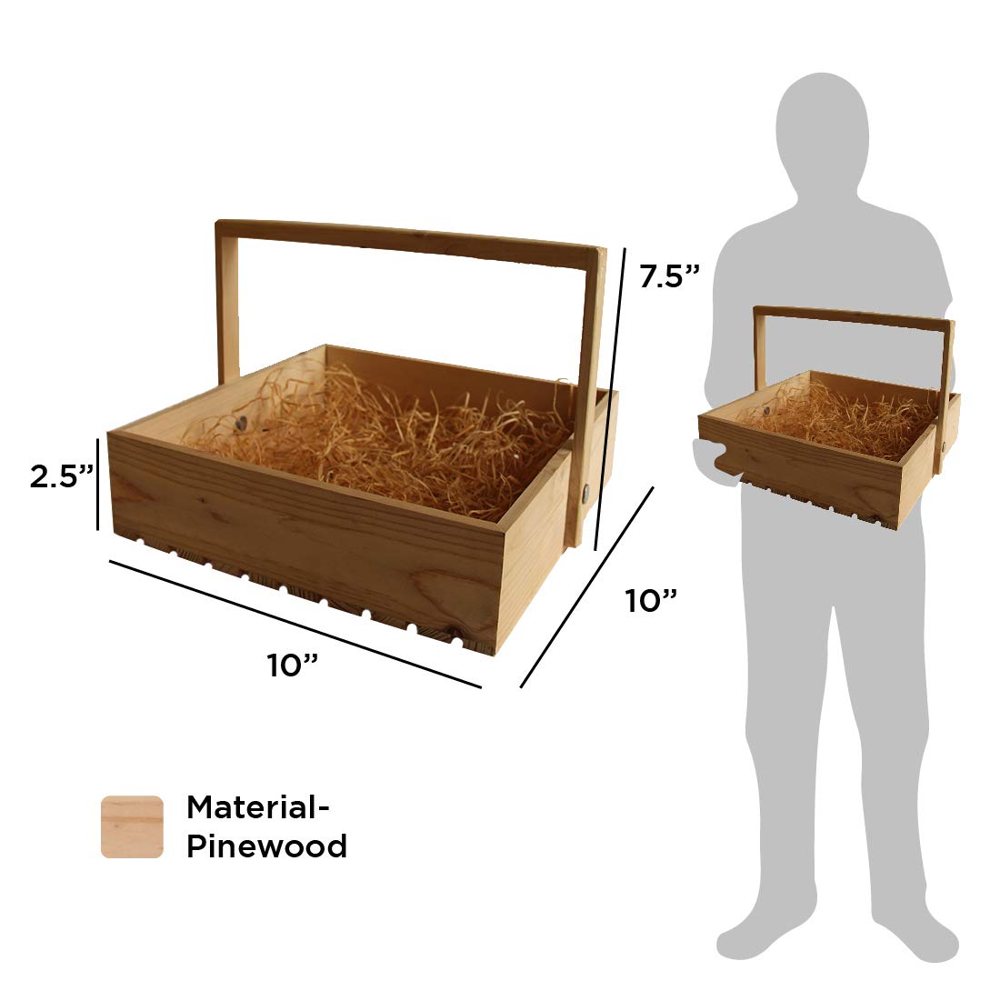 Pine Wood Gifting Square Basket with Wooden Handle(10*10*2.5 inch) pack of 2