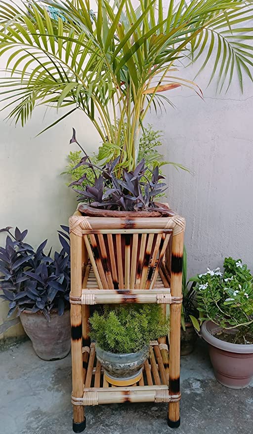 Cane & Bamboo Square Pots Stand, Planter Stand for Living Room Gardan Outdoor Balcony and Home Office Decor