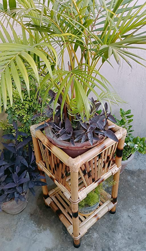 Cane & Bamboo Square Pots Stand, Planter Stand for Living Room Gardan Outdoor Balcony and Home Office Decor