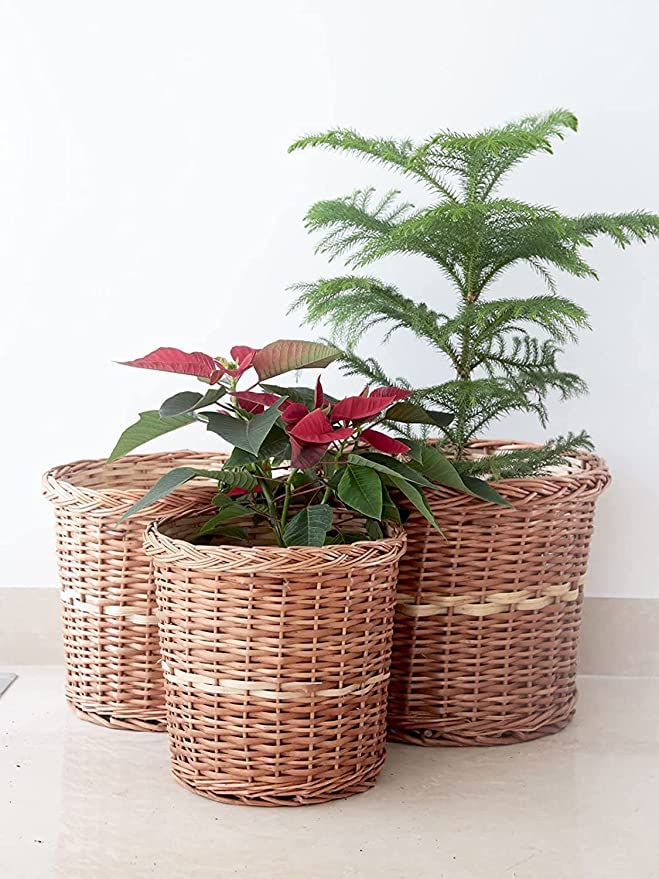Bamboo Wicker Planter Stand for Home, Terrace,Living Room, Balcony, Indoor, Outdoor Garden,Storage Basket Flower Pot (Pack of 3)