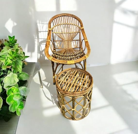 Bamboo Cane Lawn Chair Set with Table & Cushion – Perfect for Balcony, Garden & Indoor-Outdoor Seating(SET OF 2)