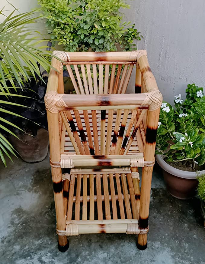 Cane & Bamboo Square Pots Stand, Planter Stand for Living Room Gardan Outdoor Balcony and Home Office Decor