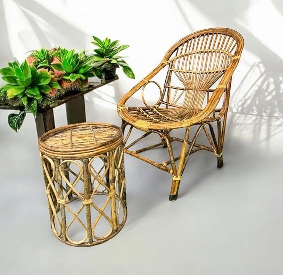 Bamboo Cane Lawn Chair Set with Table & Cushion – Perfect for Balcony, Garden & Indoor-Outdoor Seating(SET OF 2)
