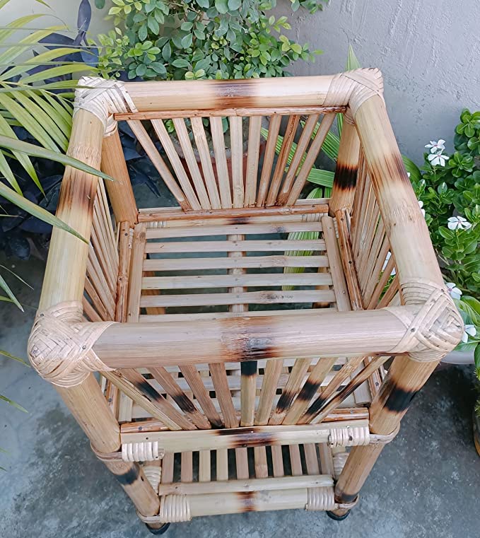 Cane & Bamboo Square Pots Stand, Planter Stand for Living Room Gardan Outdoor Balcony and Home Office Decor