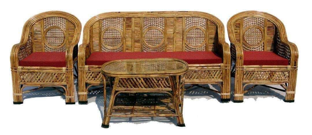 Cane Sofa Set with Table - Five Seater (Brown, Standard Size)