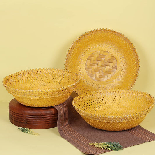 CRAFTCANE Bamboo Basket for Home, Kitchen,Vegetable Basket, Fruit Basket,Wedding,Festival Gift Packaging,Hotel Room Basket (Pack of 5) Size :-9" x 3"