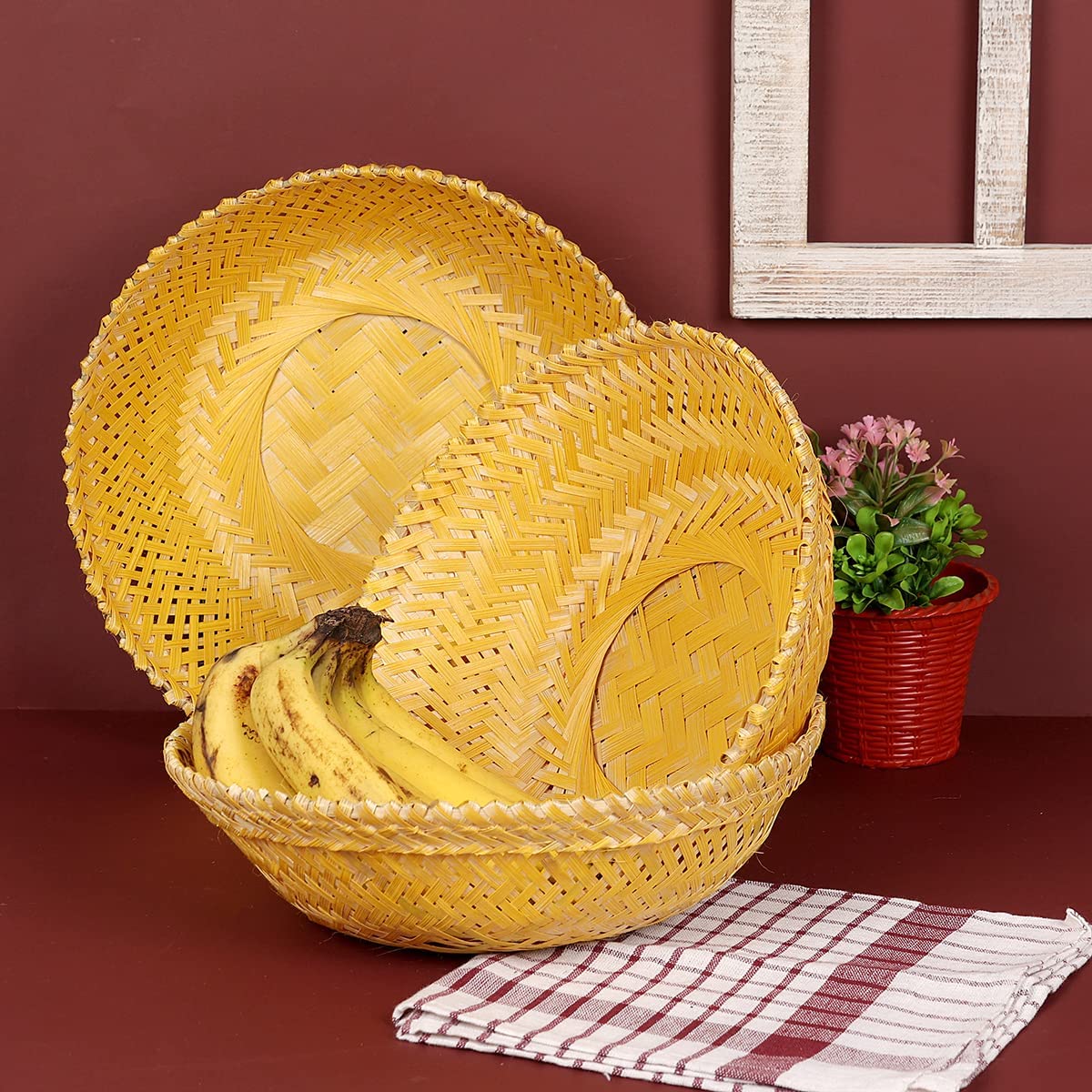CRAFTCANE Bamboo Basket for Home, Kitchen,Vegetable Basket, Fruit Basket,Wedding,Festival Gift Packaging,Hotel Room Basket (Pack of 5) Size :-9" x 3"