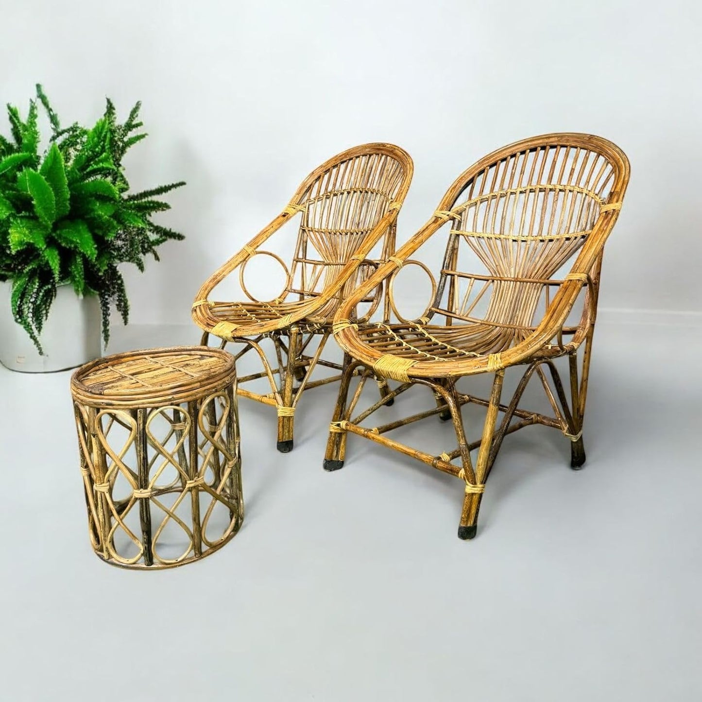 Bamboo Cane Lawn Chair Set with Table & Cushion – Perfect for Balcony, Garden & Indoor-Outdoor Seating(SET OF 2)