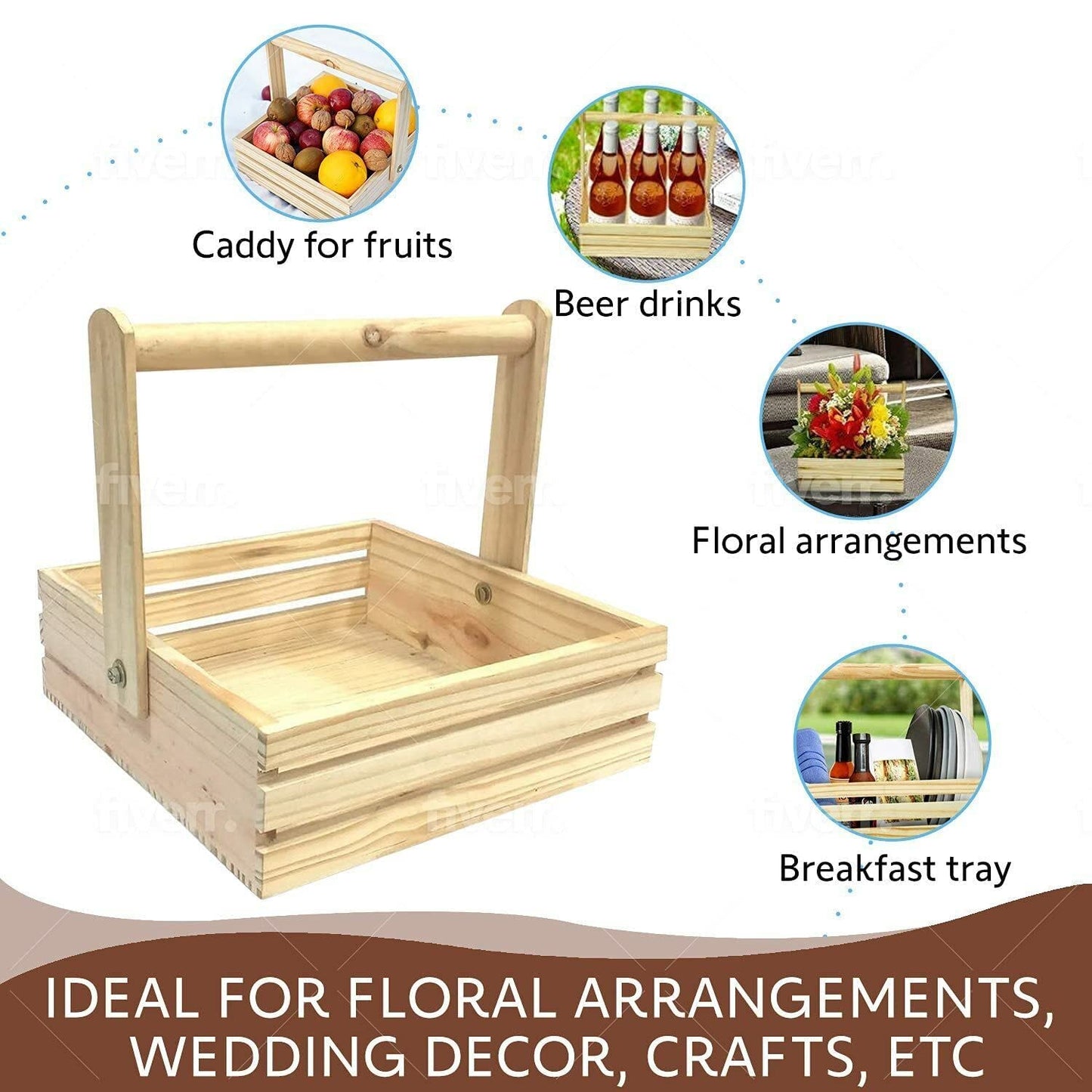 Pine Wood Gifting Square Basket with Wooden Handle(10*10*2.5 inch) pack of 2