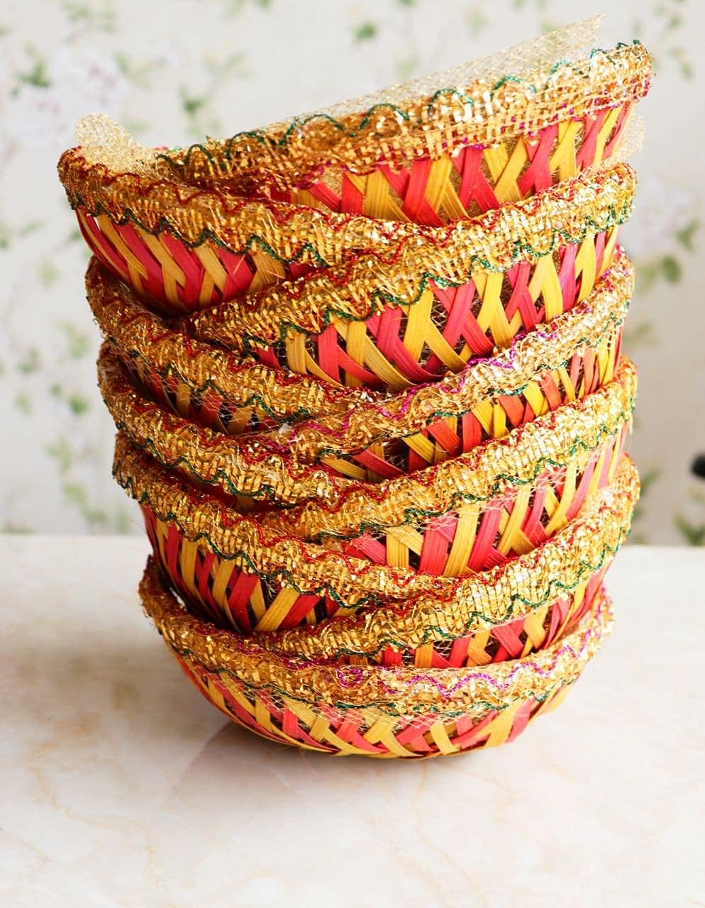 Round Bamboo Basket with Net Cover – Perfect for Weddings, Festivals & Gifts(pack of 4)(9inch size)