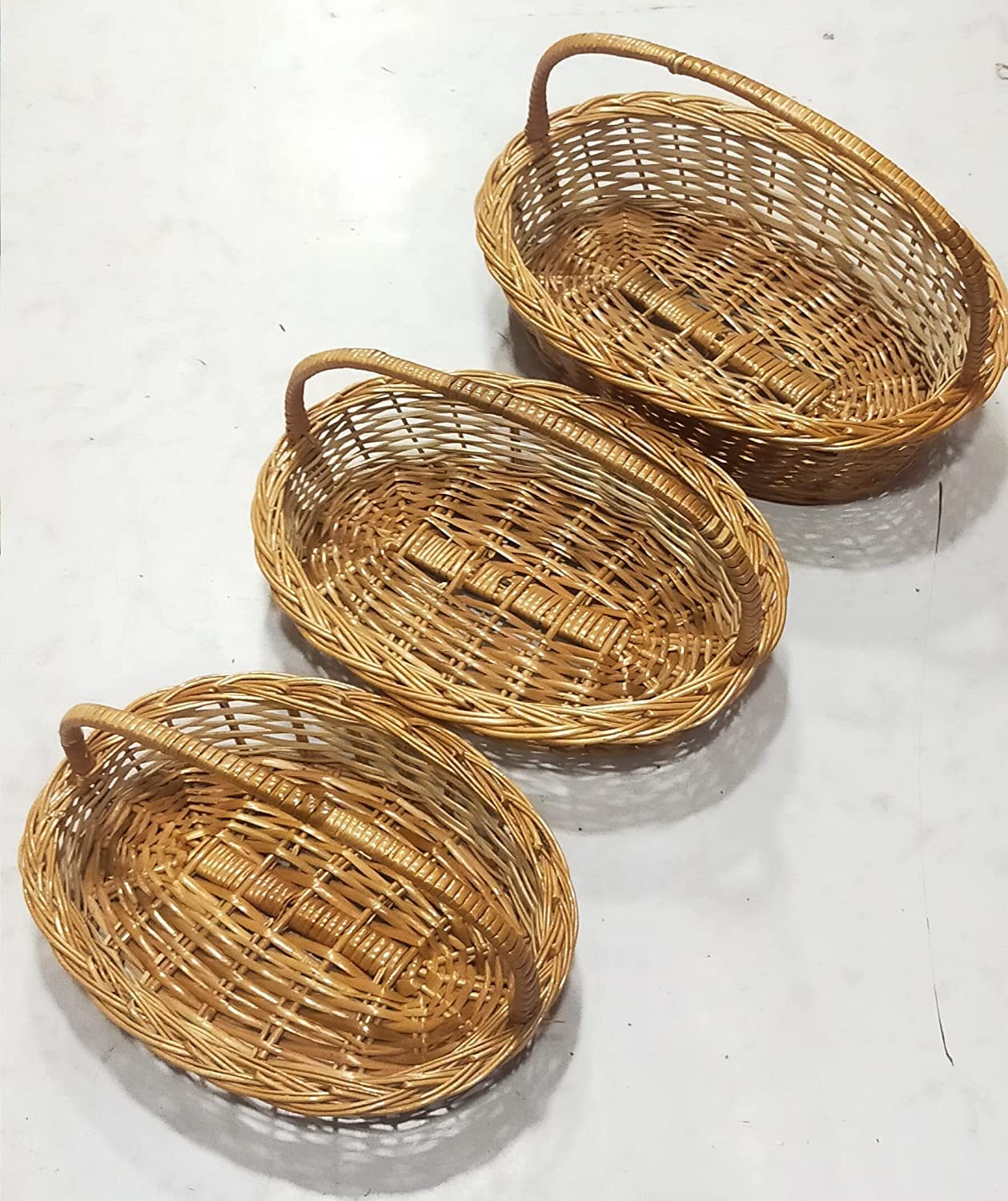 Oval Handle Cane Bamboo Basket for multipurpose Set of 3 baskets. Size 14 inch, 13 inch,12 inch
