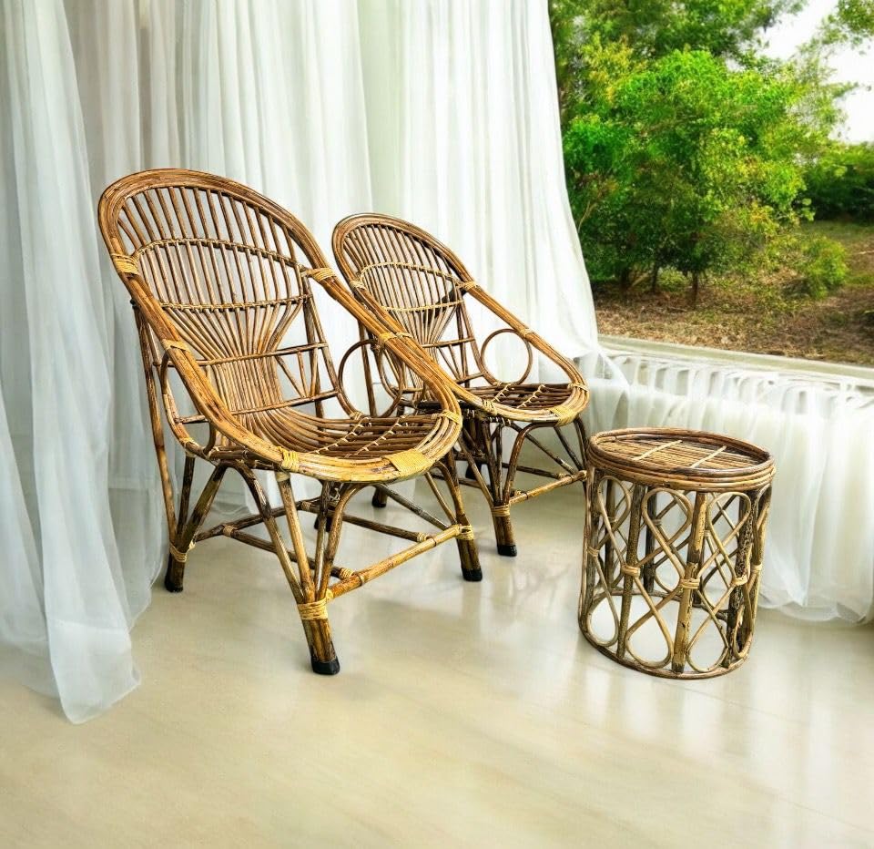 Bamboo Cane Lawn Chair Set with Table & Cushion – Perfect for Balcony, Garden & Indoor-Outdoor Seating(SET OF 2)