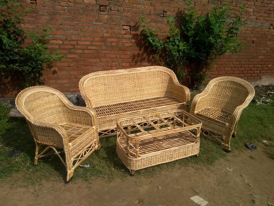 Cane Sofa Set with Table for Home, Living Room, Office, Garden, Resort with Cushion