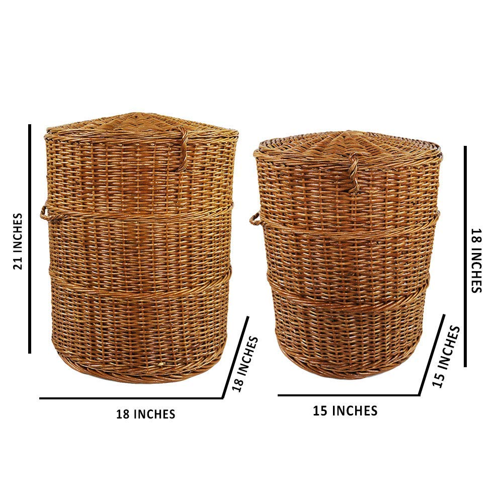 Cane Laundry Basket Set with Lid: Bathroom & Laundry Room Storage | Medium Set of 2