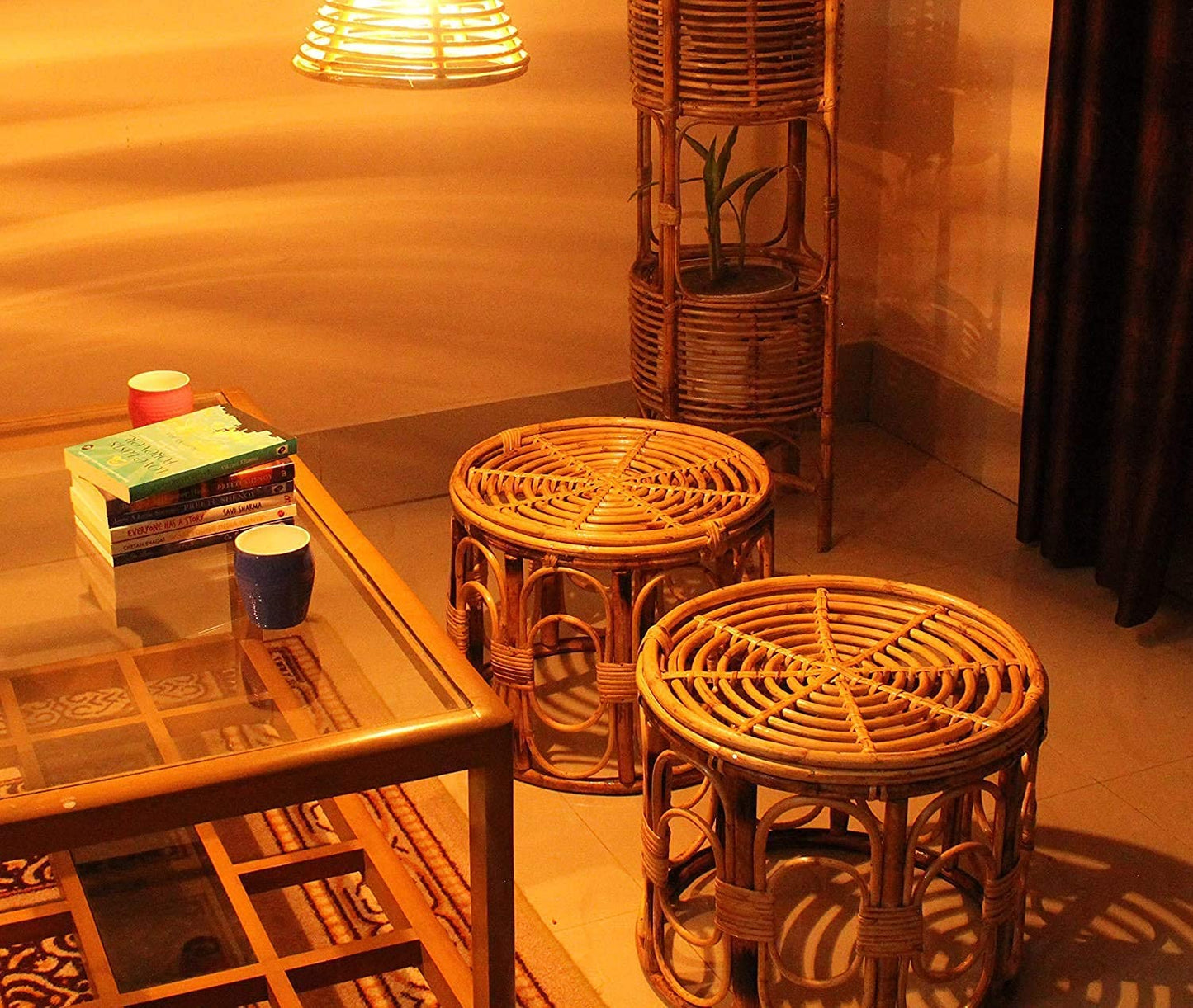 Bamboo Cane Round Side Table – Stylish Coffee & Tea Table for Home & Office (Glass Not Included)