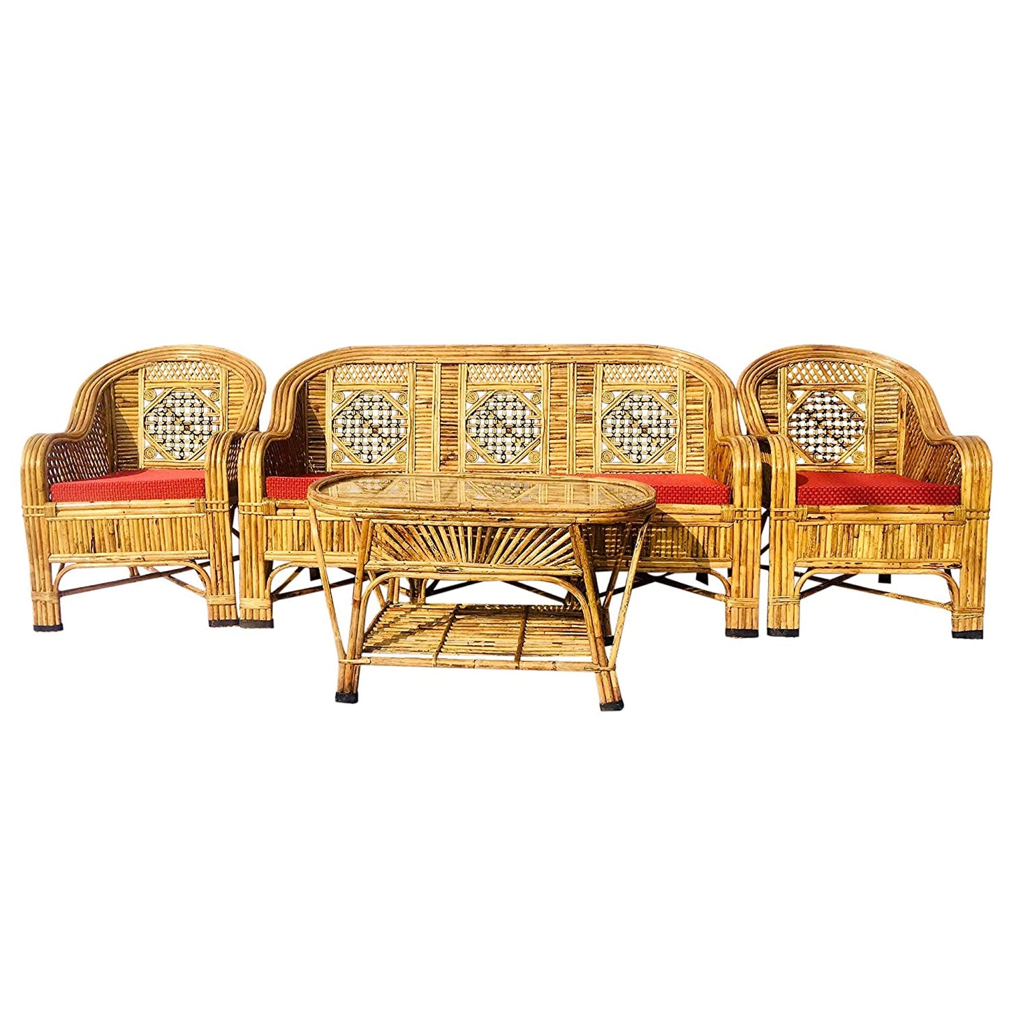 Bamboo Cane Sofa Set with Table with Cushion