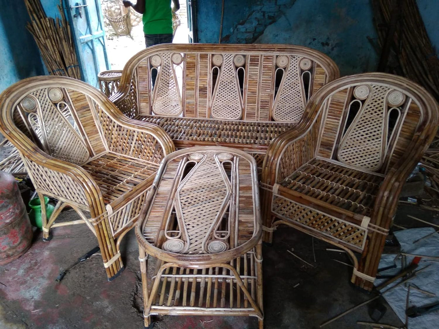 Cane Bamboo Sofa Set with Table for Home, Living Room, Office, Garden, Resort with Cushion(eyes))
