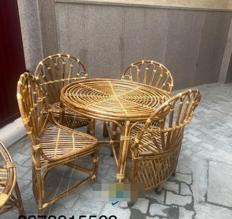 Elegant Cane Coffee Set with Triangle Chairs & Round Dining Table – Perfect for Compact Spaces