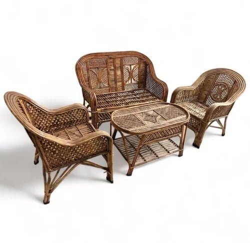 Cane Two Seater Sofa Set with Table for Home, Living Room, Office, Garden, Resort with Cushion
