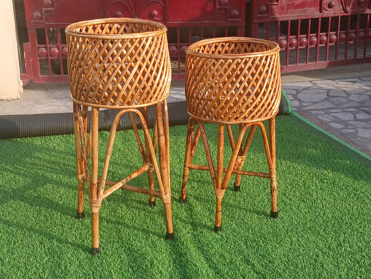 Bamboo Cane Planter Stand – Set of 2 Flower Pot Stands for Indoor & Outdoor Use
