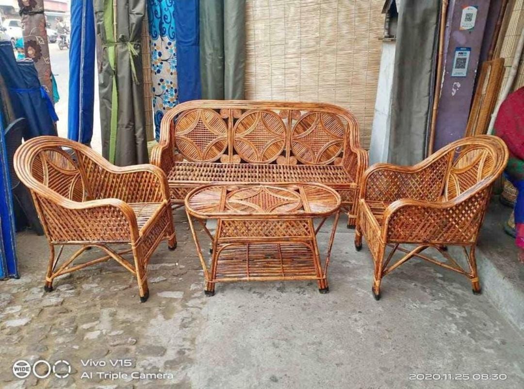 Cane Sofa Set with Table for Home, Living Room, Office, Garden, Resort with Cushion (Star)