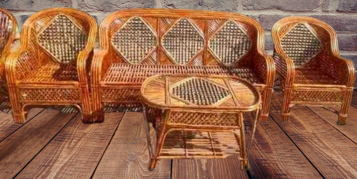 Cane Bamboo Sofa Set with Table for Home, Living Room, Office, Garden, Resort with Cushion(patang)