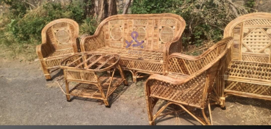 Cane Sofa Set with Table for Home, Living Room, Office, Garden, Resort with Cushion (Model : RingJaal)