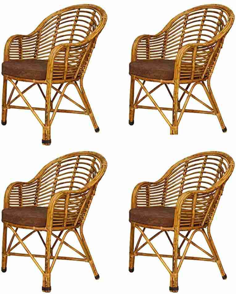 Bamboo Cane Chair, Kursi for Lawn Chair, Arm Chair, Room Chair, Cafe, Pubs, Bars, Restaurants, Indoor/Outdoor, Lawn, Cafeteria, Balcony,Garden with Cushion | Set of 4