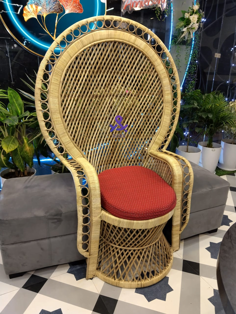 Bamboo Cane Peacock Chair, Marriage chair, Banquet Hall Chair for Living Room with Seat Cushion, Natural Color