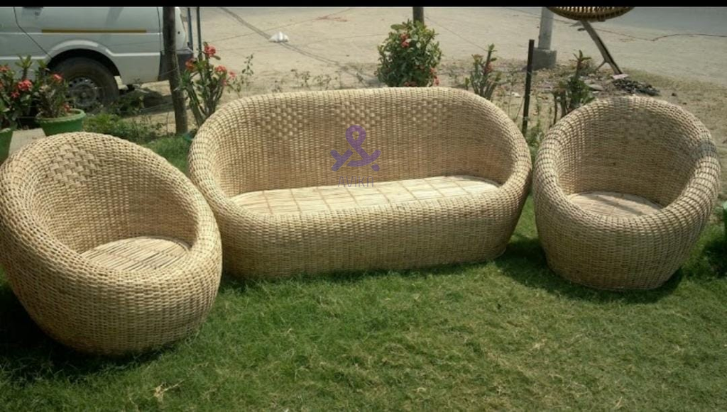Cane Apple Bamboo Five Seater Sofa Set with Table and Cushion