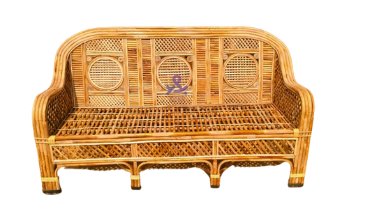 Cane Three Seater Sofa | Sofa Couch for Home, Living Room, Garden, Office, Resort, Hotels with Cushion (Ring Jaal Design)