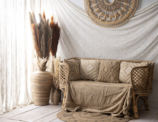 Cane two seater sofa couch, settee, Family Portrait boho setup