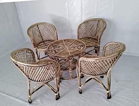 Cane Rattan Jaali Chair Set for Home, Office, Garden & Balcony with Table (Set of 4 Chairs + Table)