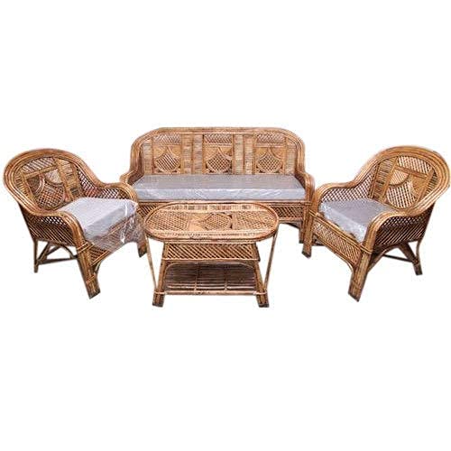 Cane Bamboo Sofa Set with Table (Brown)