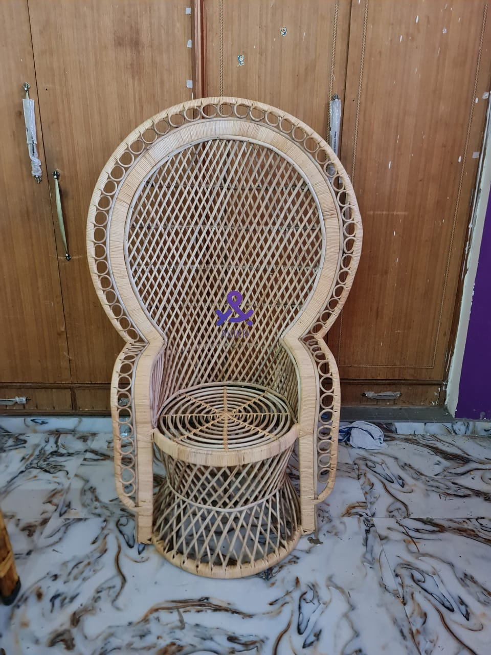 Bamboo Cane Peacock Chair, Marriage chair, Banquet Hall Chair for Living Room with Seat Cushion, Natural Color