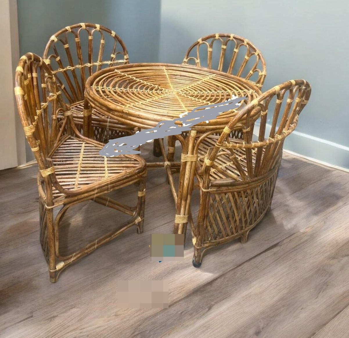 Elegant Cane Coffee Set with Triangle Chairs & Round Dining Table – Perfect for Compact Spaces