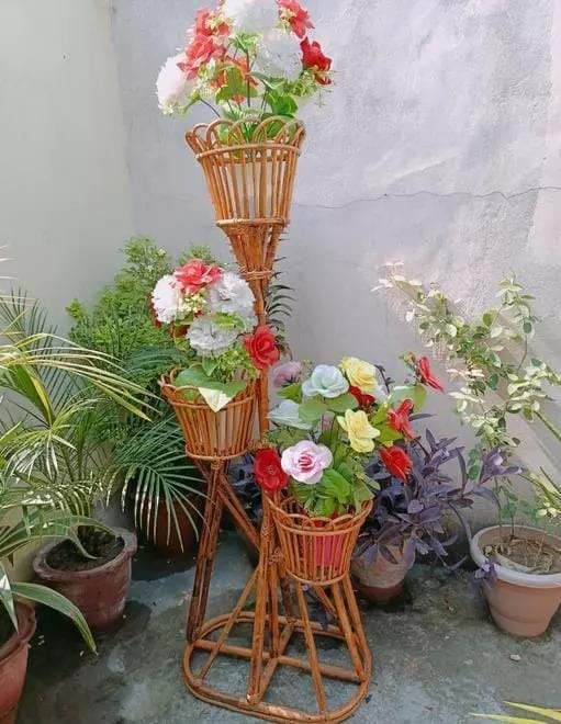 Cane Planter Flower Pot Stand for Home, Garden, Balcony, and Living Room (3 Pot Stand)