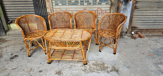 Elegant Bamboo Cane Chair Set of 4 with Table – Ideal for Living Room, Garden, Porch, Cafe, Restaurant, Indoor & Outdoor Use
