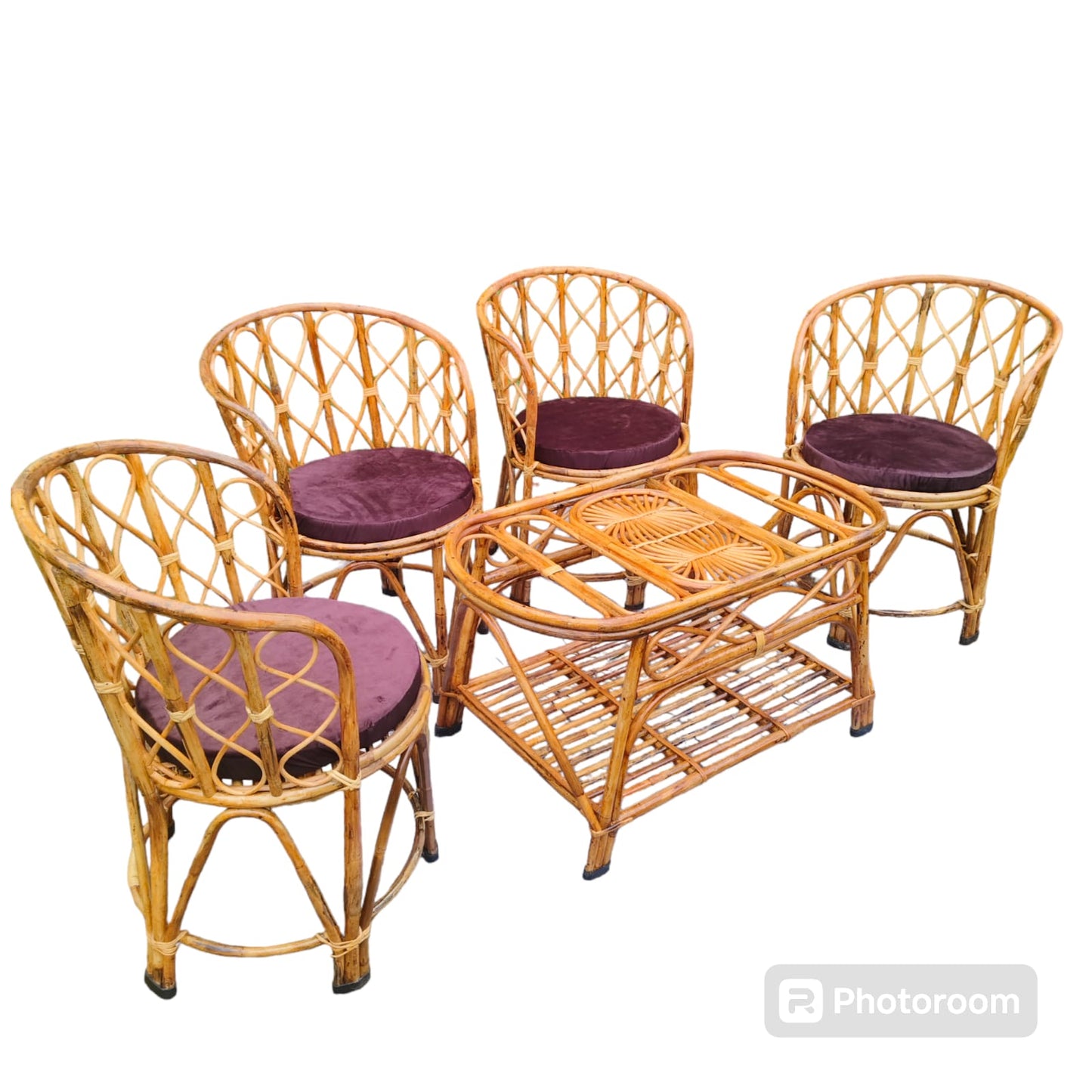 Elegant Bamboo Cane Chair and Table Set – Ideal for Living Room, Garden, Porch, Cafe, Restaurant, Indoor & Outdoor Use (4 Chairs + 1 Table)