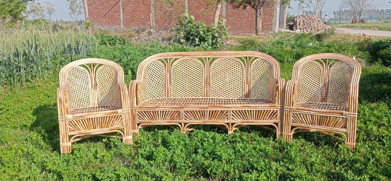 Bamboo Cane Sofa Set – Stylish & Durable Seating for Living Room, Balcony, Lawn & Resorts (1 Sofa + 2 Chairs)