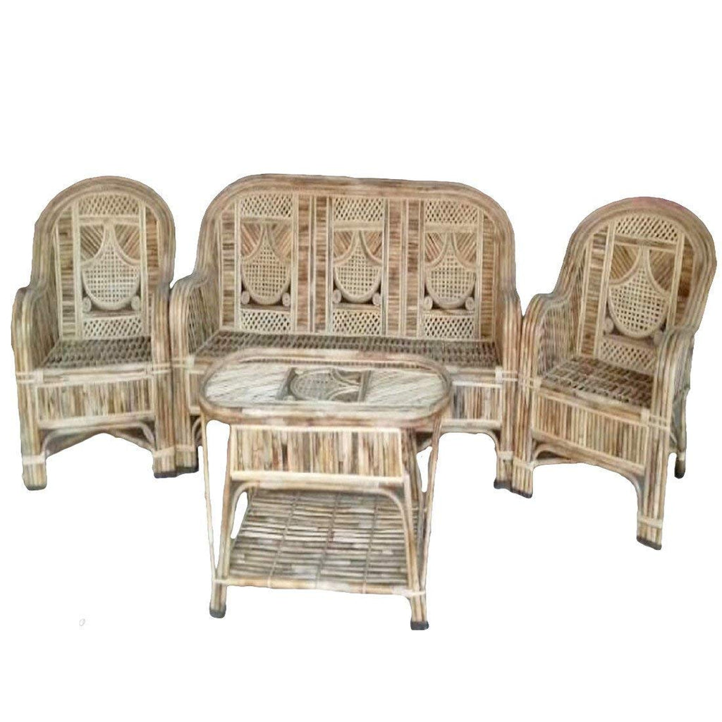 Cane Bamboo Sofa Set with Table (Brown)