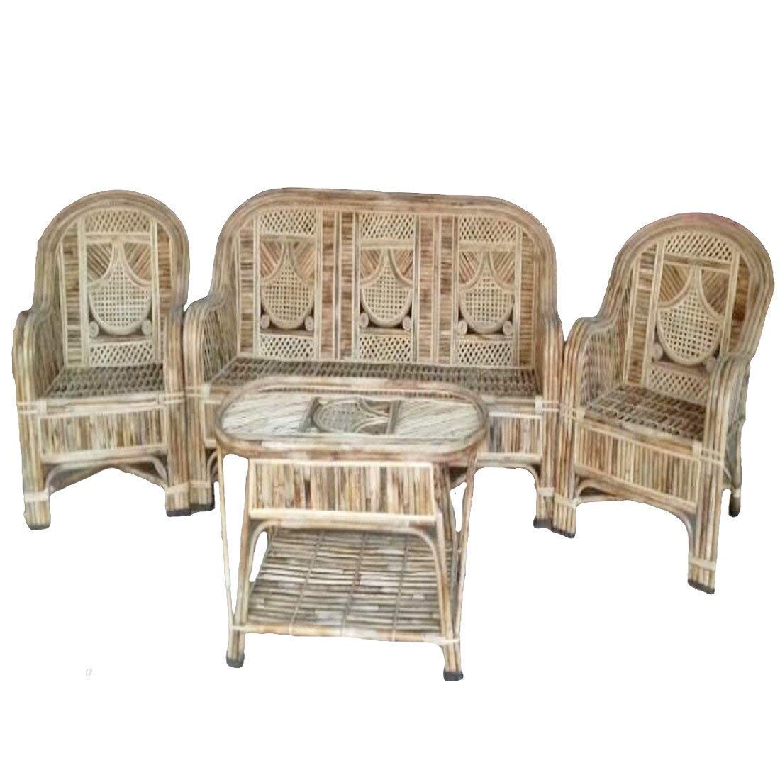 Cane Bamboo Sofa Set with Table (Brown)
