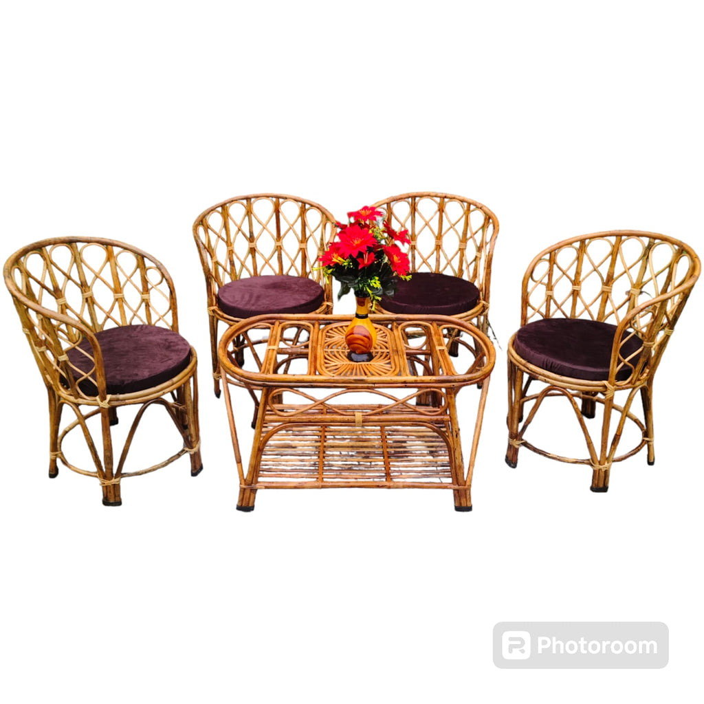 Elegant Bamboo Cane Chair and Table Set – Ideal for Living Room, Garden, Porch, Cafe, Restaurant, Indoor & Outdoor Use (4 Chairs + 1 Table)