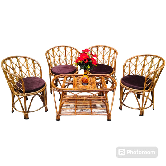 Elegant Bamboo Cane Chair and Table Set – Ideal for Living Room, Garden, Porch, Cafe, Restaurant, Indoor & Outdoor Use (4 Chairs + 1 Table)
