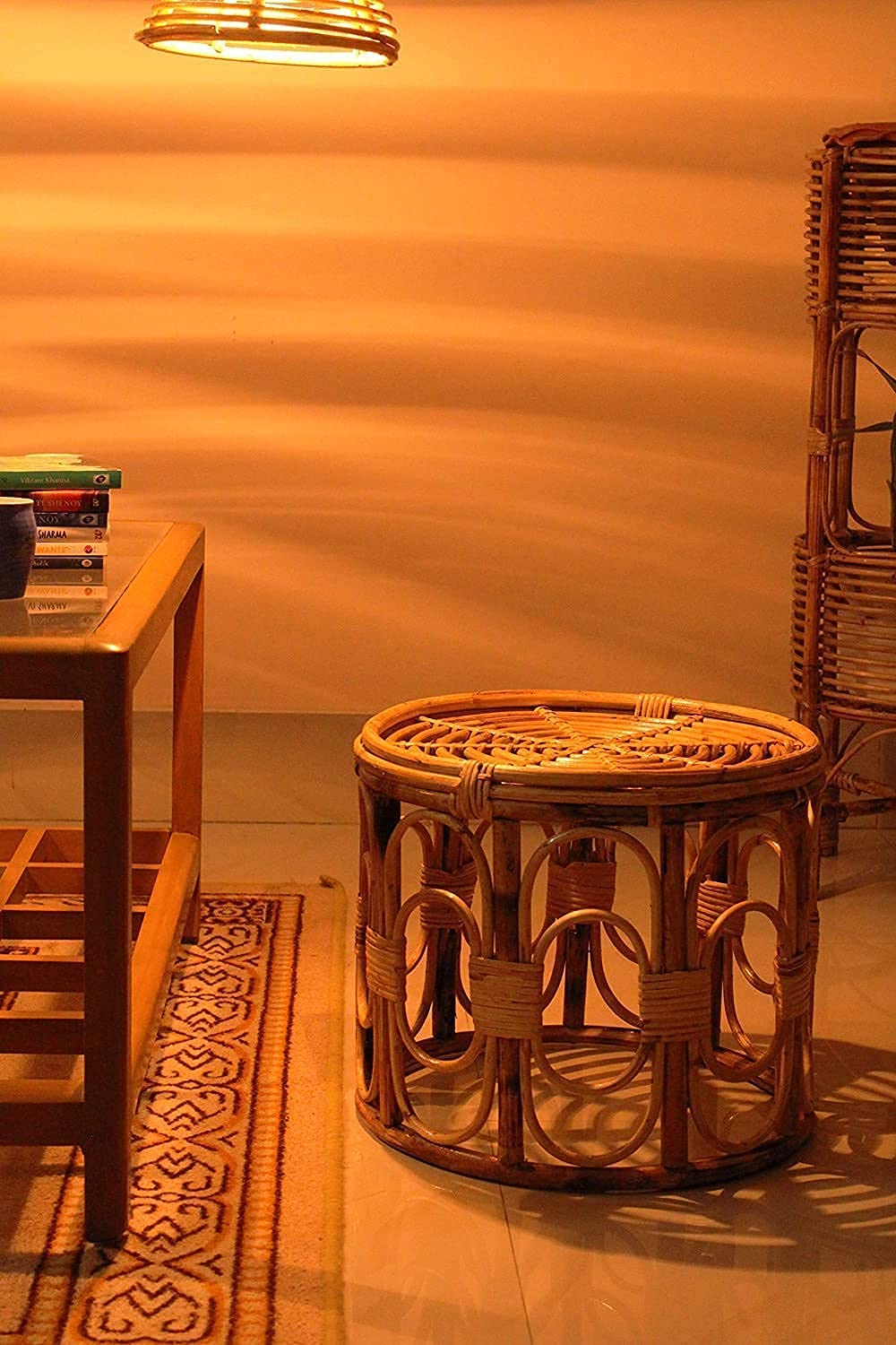 Bamboo Cane Round Side Table – Stylish Coffee & Tea Table for Home & Office (Glass Not Included)